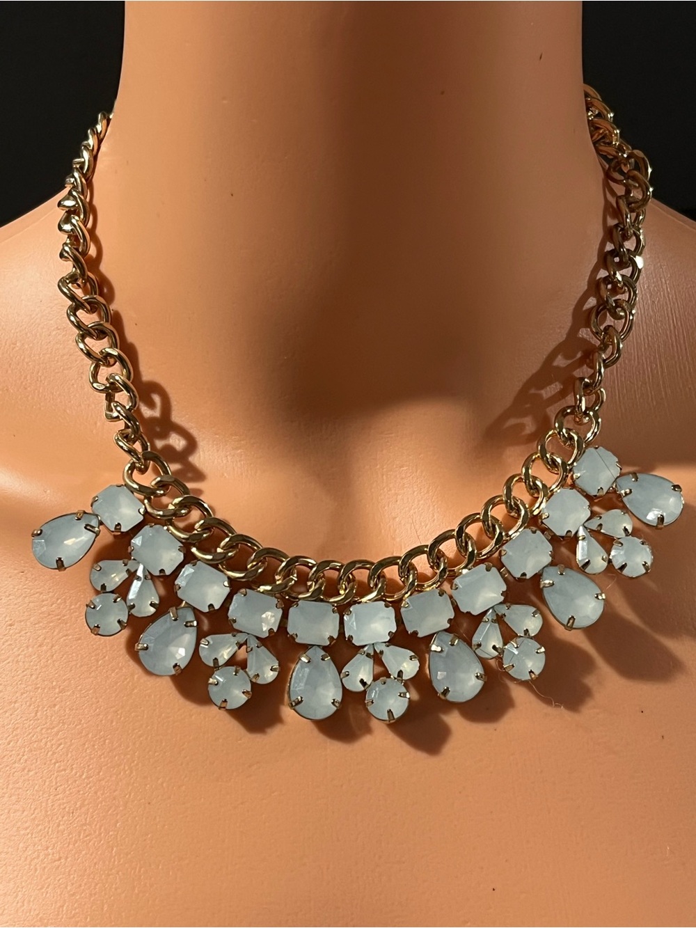 Chunky Statement Gold-Tone Chain Bib Necklace with Pale Blue Faceted Stones